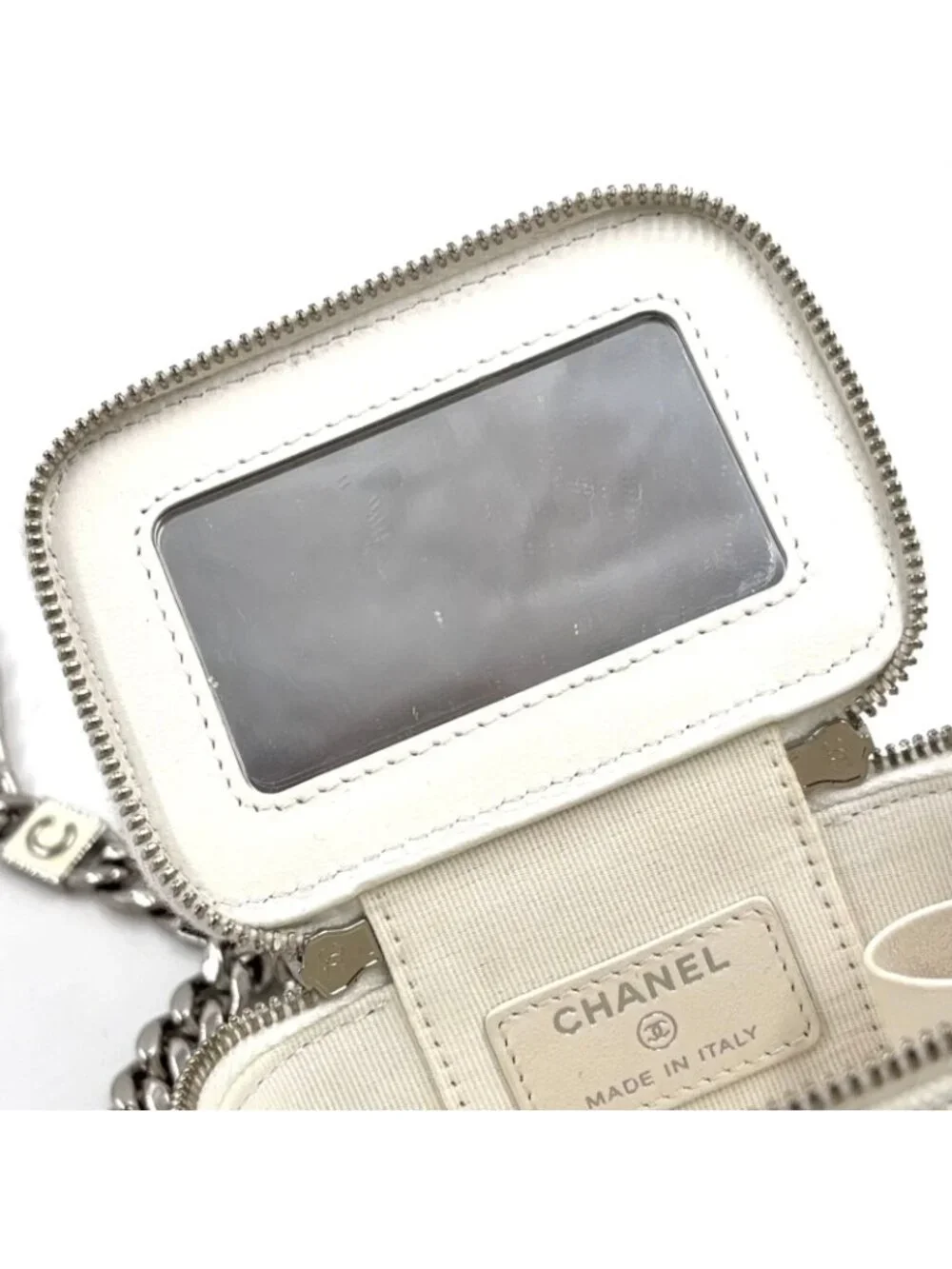 Chanel Classic Small Vanity Caviar Leather White Chain Shoulder Bag Silver